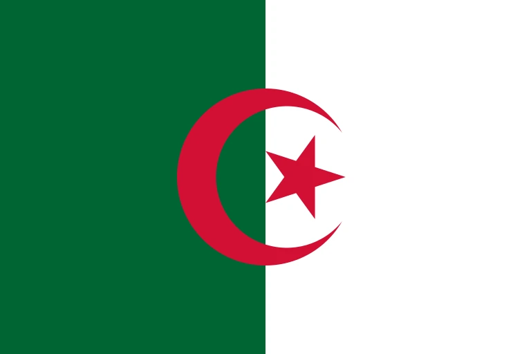 The flag of Algeria features two equal vertical bands of green and white. A five-pointed red star within a fly-side facing red crescent is centered over the two-color boundary.