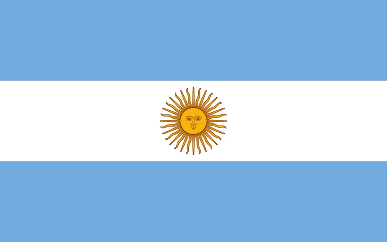 The flag of Argentina features three equal horizontal bands of light blue, white and light blue. A brown-edged golden sun is centered in the white band.