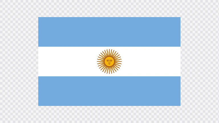 The flag of Argentina features three equal horizontal bands of light blue, white and light blue. A brown-edged golden sun is centered in the white band.