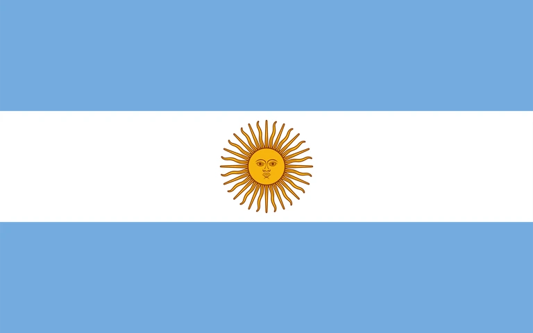 The flag of Argentina features three equal horizontal bands of light blue, white and light blue. A brown-edged golden sun is centered in the white band.