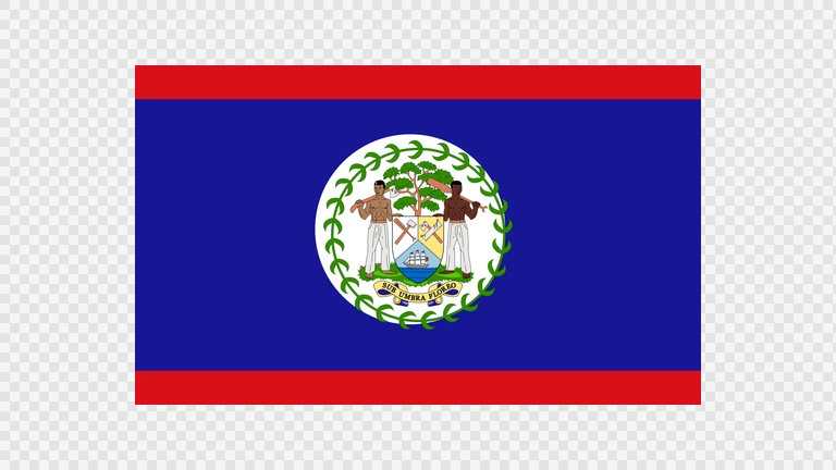 The flag of Belize has a royal blue field with a thin red horizontal band at the top and bottom of the field and the national coat of arms in the center.