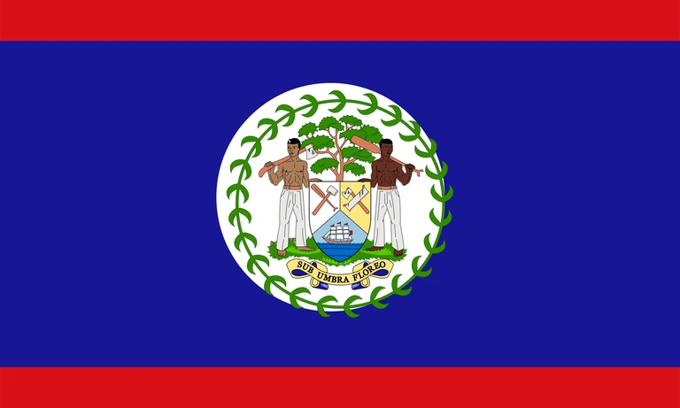 The flag of Belize has a royal blue field with a thin red horizontal band at the top and bottom of the field and the national coat of arms in the center.