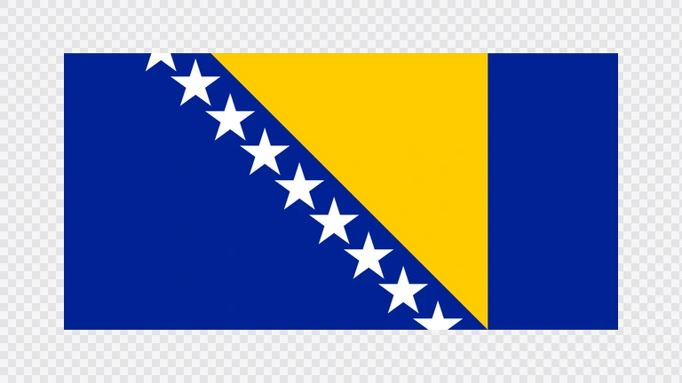 The flag of Bosnia and Herzegovina has a blue field, at the center of which is a large yellow hoist-side facing right-angled triangle that is based on the top edge and spans the height of the field. Adjacent to the hypotenuse of this triangle are nine adjoining five-pointed white stars with the top and bottom stars cut in half by the edges of the field.