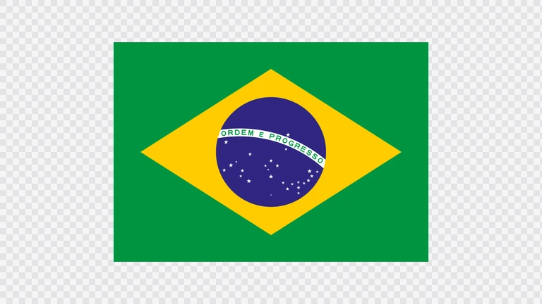 The flag of Brazil has a green field with a large yellow rhombus in the center. Within the rhombus is a dark blue globe with twenty-seven small five-pointed white stars depicting a starry sky and a thin white convex horizontal band inscribed with the national motto 'Ordem e Progresso' across its center.