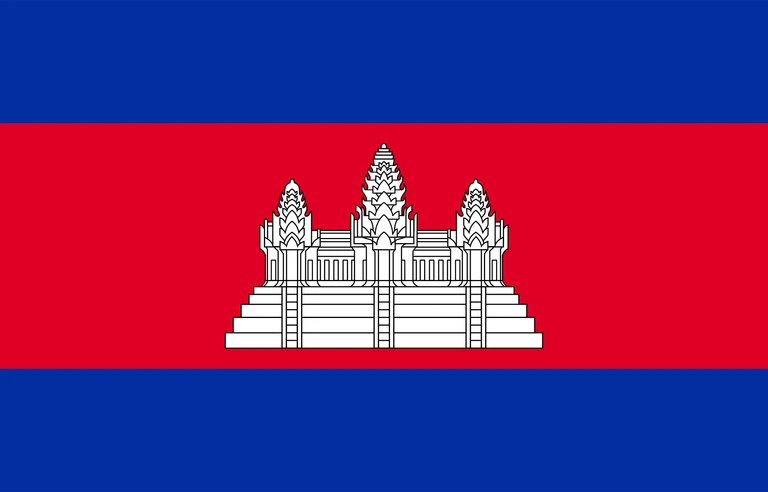 The flag of Cambodia features three horizontal bands of blue, red and blue, with a white depiction of the temple complex, Angkor Wat centered in the red band.