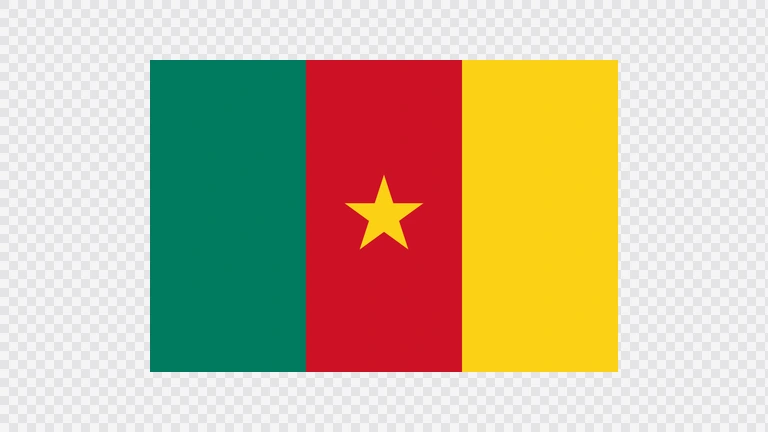 The flag of Cameroon is composed of three equal vertical bands of green, red and yellow, with a yellow five-pointed star in the center.