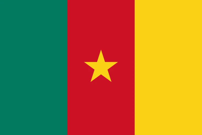 The flag of Cameroon is composed of three equal vertical bands of green, red and yellow, with a yellow five-pointed star in the center.