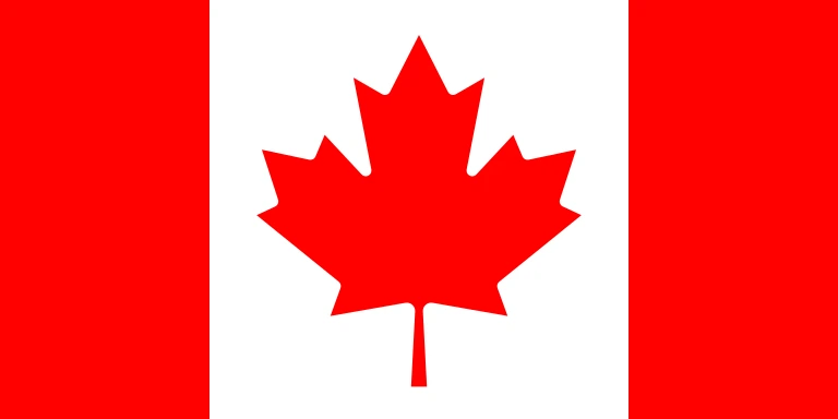 The flag of Canada is composed of a red vertical band on the hoist and fly sides and a central white square that is twice the width of the vertical bands. A large eleven-pointed red maple leaf is centered in the white square.