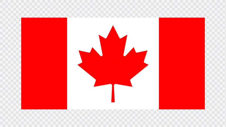 The flag of Canada is composed of a red vertical band on the hoist and fly sides and a central white square that is twice the width of the vertical bands. A large eleven-pointed red maple leaf is centered in the white square.