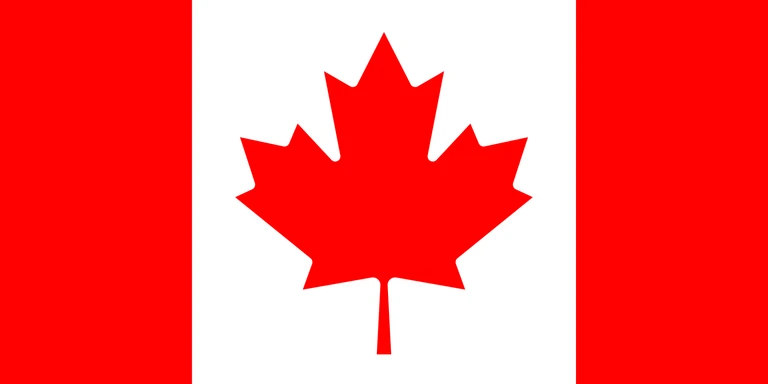 The flag of Canada is composed of a red vertical band on the hoist and fly sides and a central white square that is twice the width of the vertical bands. A large eleven-pointed red maple leaf is centered in the white square.