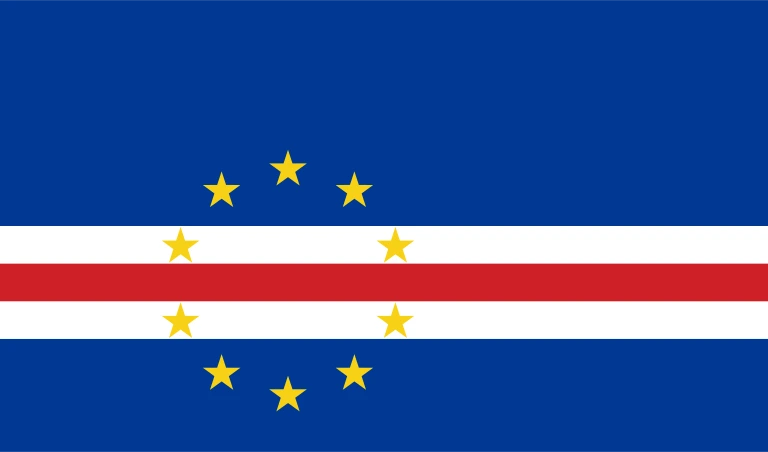 The flag of Cape Verde is composed of five horizontal bands of blue, white, red, white and blue in the ratio of 6:1:1:1:3. A ring of ten five-pointed yellow stars is centered at three-eighth of the height from the bottom edge and three-eighth of the width from the hoist end of the field.