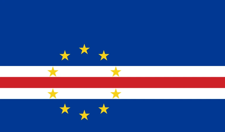 The flag of Cape Verde is composed of five horizontal bands of blue, white, red, white and blue in the ratio of 6:1:1:1:3. A ring of ten five-pointed yellow stars is centered at three-eighth of the height from the bottom edge and three-eighth of the width from the hoist end of the field.