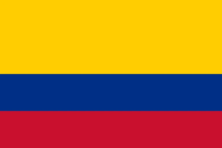 The flag of Colombia is composed of three horizontal bands of yellow, blue and red, with the yellow band twice the height of the other two bands.