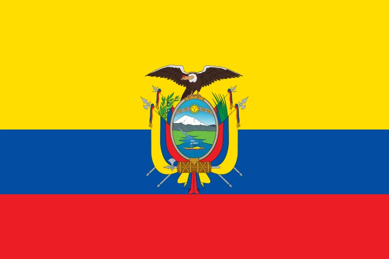The flag of Ecuador is composed of the horizontal bands of yellow, blue and red, with the yellow band twice the height of the other two bands. The Ecuadorian coat of arms is superimposed in the center of the field.