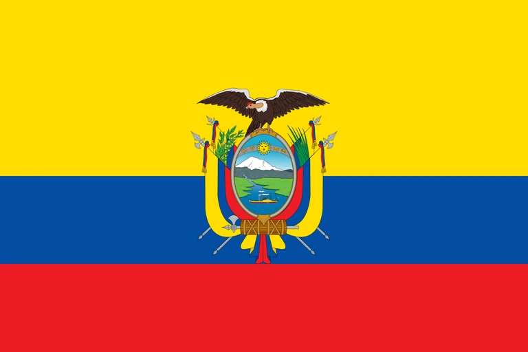 The flag of Ecuador is composed of the horizontal bands of yellow, blue and red, with the yellow band twice the height of the other two bands. The Ecuadorian coat of arms is superimposed in the center of the field.