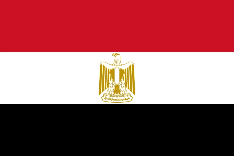 The flag of Egypt is composed of three equal horizontal bands of red, white and black, with Egypt's national emblem — a hoist-side facing gold eagle of Saladin — centered in the white band.