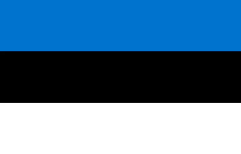 The flag of Estonia is composed of three equal horizontal bands of blue, black and white.