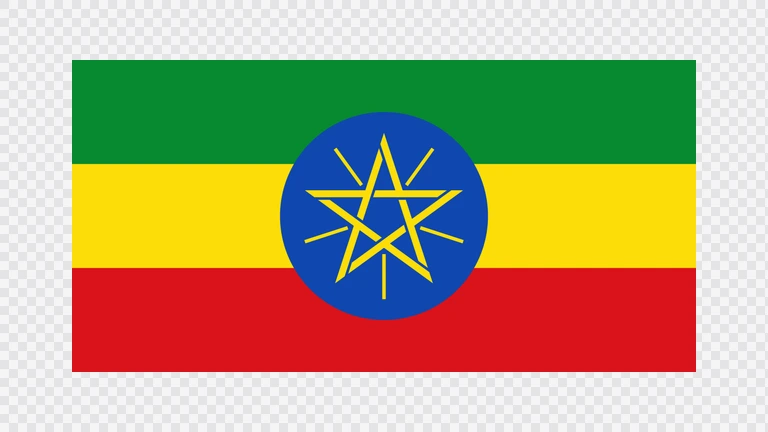 The flag of Ethiopia is composed of three equal horizontal bands of green, yellow and red, with the national emblem superimposed at the center of the field. The national emblem comprises a light blue circle bearing a golden-yellow pentagram with single yellow rays emanating from the angles between the points of the pentagram.