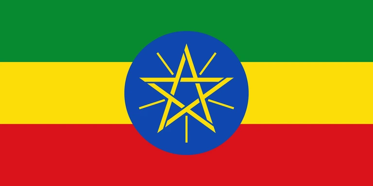 The flag of Ethiopia is composed of three equal horizontal bands of green, yellow and red, with the national emblem superimposed at the center of the field. The national emblem comprises a light blue circle bearing a golden-yellow pentagram with single yellow rays emanating from the angles between the points of the pentagram.
