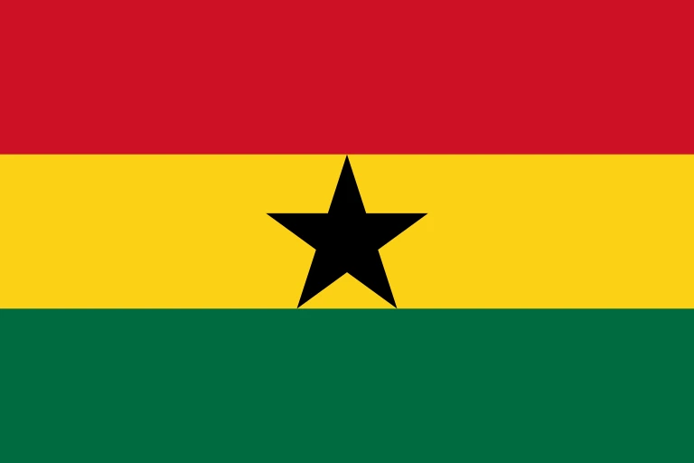 The flag of Ghana is composed of three equal horizontal bands of red, gold and green, with a five-pointed black star centered in the gold band.