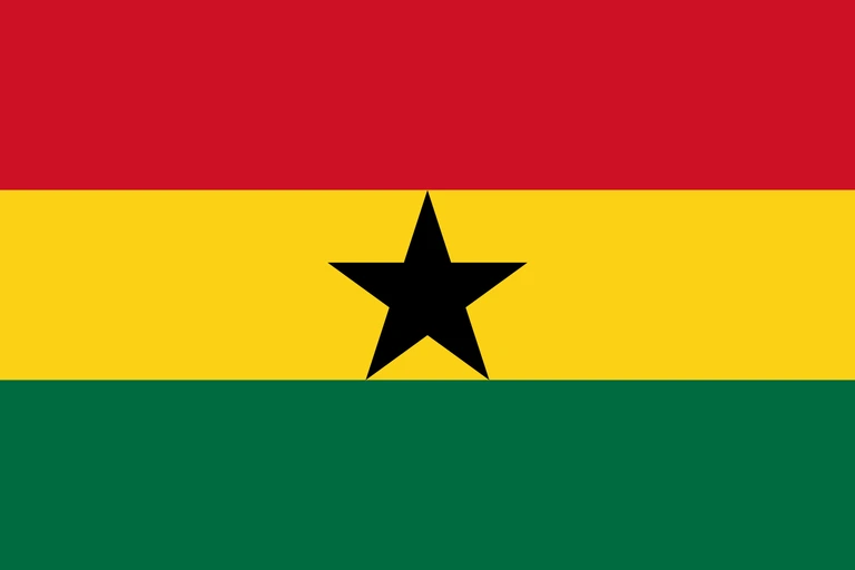 The flag of Ghana is composed of three equal horizontal bands of red, gold and green, with a five-pointed black star centered in the gold band.