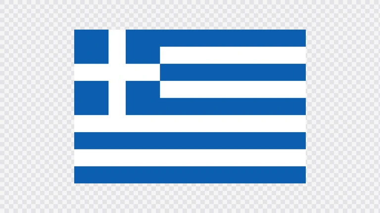 The flag of Greece is composed of nine equal horizontal bands of blue alternating with white. A blue square bearing a white cross is superimposed in the canton.