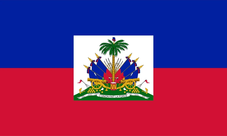 The flag of Haiti is composed of two equal horizontal bands of blue and red. A white square bearing the national coat of arms is superimposed at the center of the field.