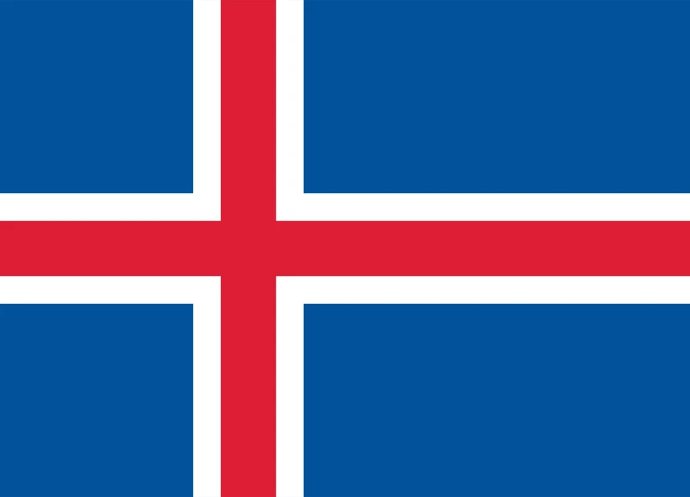 The flag of Iceland has a blue field with a large white-edged red cross that extends to the edges of the field. The vertical part of this cross is offset towards the hoist side.