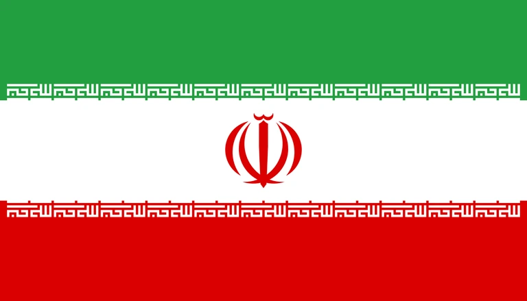 The flag of Iran is composed of three equal horizontal bands of green, white and red. A red emblem of Iran is centered in the white band and Arabic inscriptions in white span the bottom edge of the green band and the top edge of the red band.