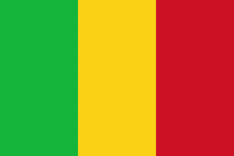 The flag of Mali is composed of three equal vertical bands of green, yellow and red.