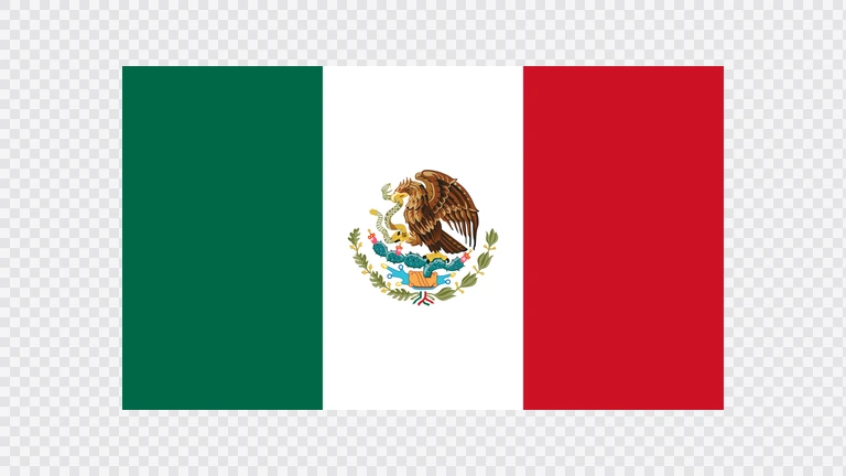The flag of Mexico is composed of three equal vertical bands of green, white and red, with the national coat of arms centered in the white band.