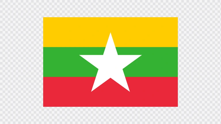 The flag of Myanmar is composed of three equal horizontal bands of yellow, green and red, with a large five-pointed white star superimposed at the center of the field.
