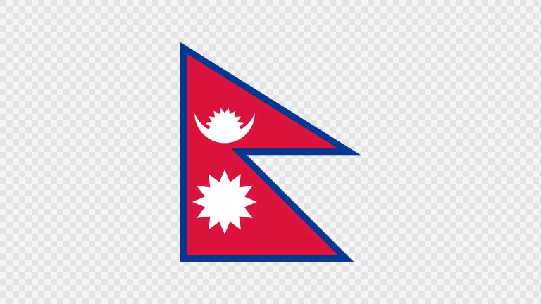 The flag of Nepal is the world's only non-quadrilateral flag of a sovereign country. It takes the shape of two adjoining right-angled triangles and has a crimson red field with deep blue edges. Within the smaller upper triangle is an emblem of the upper half of a white sun resting on an upward facing white crescent. The lower triangle bears a white sun with twelve rays.