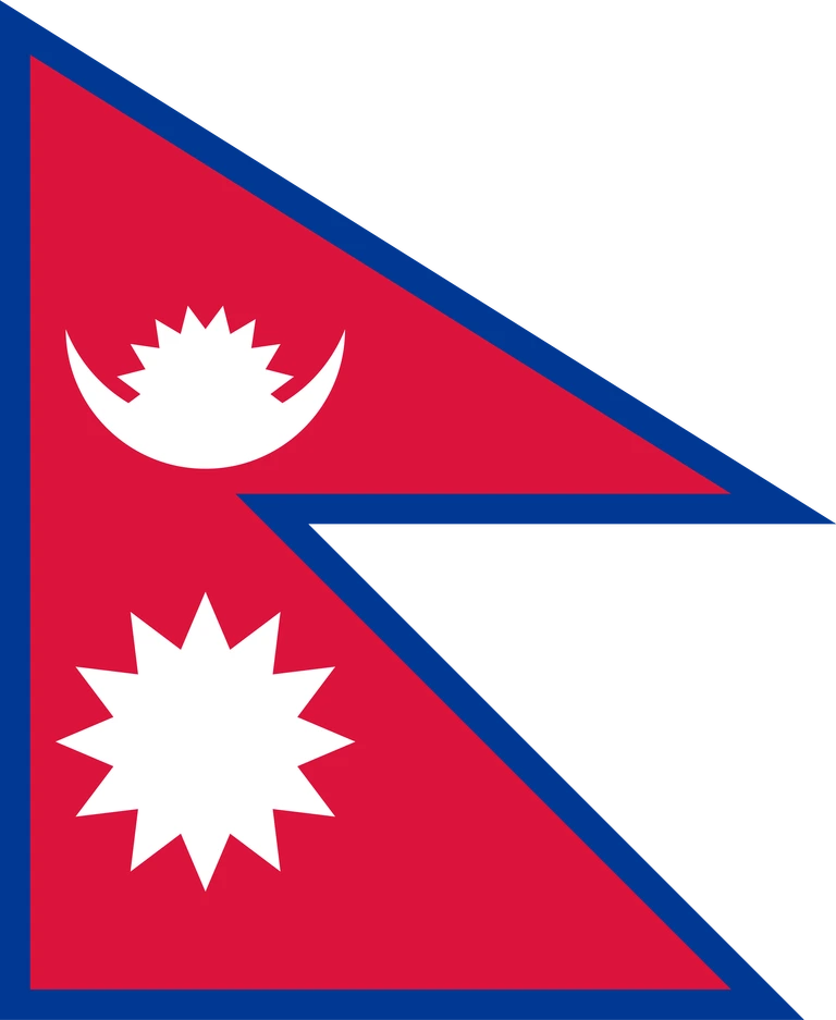 The flag of Nepal is the world's only non-quadrilateral flag of a sovereign country. It takes the shape of two adjoining right-angled triangles and has a crimson red field with deep blue edges. Within the smaller upper triangle is an emblem of the upper half of a white sun resting on an upward facing white crescent. The lower triangle bears a white sun with twelve rays.
