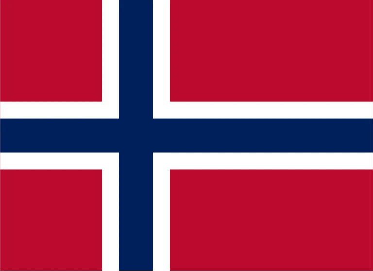 The flag of Norway has a red field with a large white-edged navy blue cross that extends to the edges of the field. The vertical part of this cross is offset towards the hoist side.