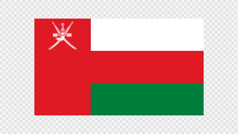 The flag of Oman features a red vertical band on the hoist side that takes up about one-fourth the width of the field, and three equal horizontal bands of white, red and green adjoining the vertical band. At the top of the vertical band is the white emblem of Oman.