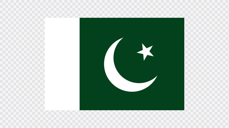 The flag of Pakistan is composed of a white vertical band on its hoist side that takes up about one-fourth the width of the field and a dark green rectangular area that spans the rest of the field. A white fly-side facing crescent and five-pointed star are centered in the dark green area.