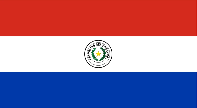 The flag of Paraguay features three equal horizontal bands of red, white and blue, with an emblem centered in the white band. On the obverse side of the flag depicted, this emblem is the national coat of arms.