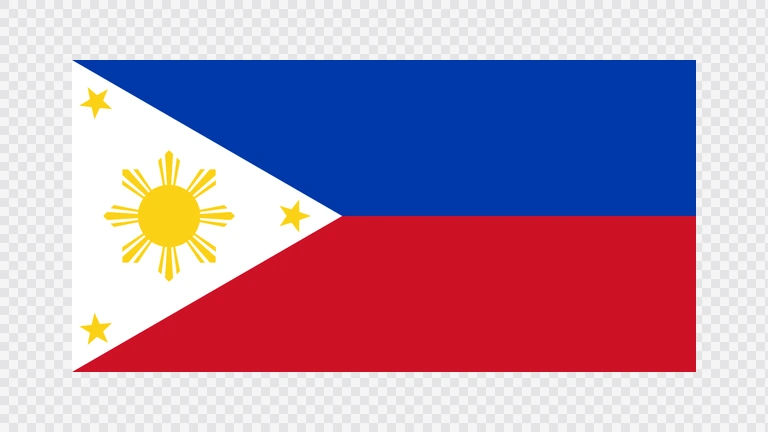 The flag of Philippines is composed of two equal horizontal bands of blue and red, with a white equilateral triangle superimposed on the hoist side of the field. This triangle has its base on the hoist end, spans about two-fifth the width of the field and bears a central golden-yellow sun with eight rays and a five-pointed golden-yellow star at each vertex.