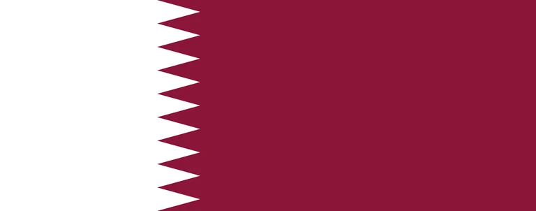 The flag of Qatar has a maroon field, on the hoist side of which is a white vertical band that spans about one-third the width of the field and is separated from the rest of the field by nine adjoining fly-side pointing white isosceles triangles that serve as a serrated line.