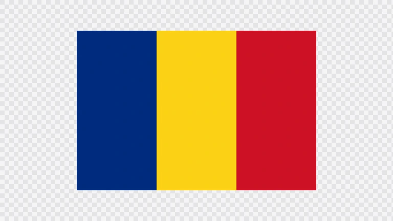 The flag of Romania is composed of three equal vertical bands of navy blue, yellow and red.