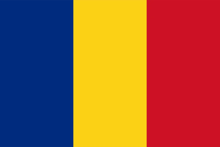 The flag of Romania is composed of three equal vertical bands of navy blue, yellow and red.