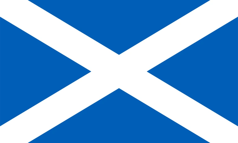 The flag of Scotland has a white Saint Andrew's Cross on a blue field.