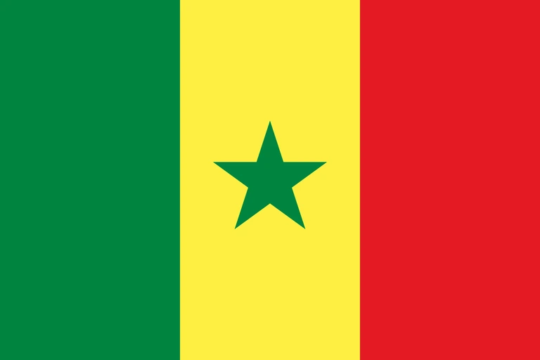 The flag of Senegal is composed of three equal vertical bands of green, golden-yellow and red, with a five-pointed green star centered in the golden-yellow band.