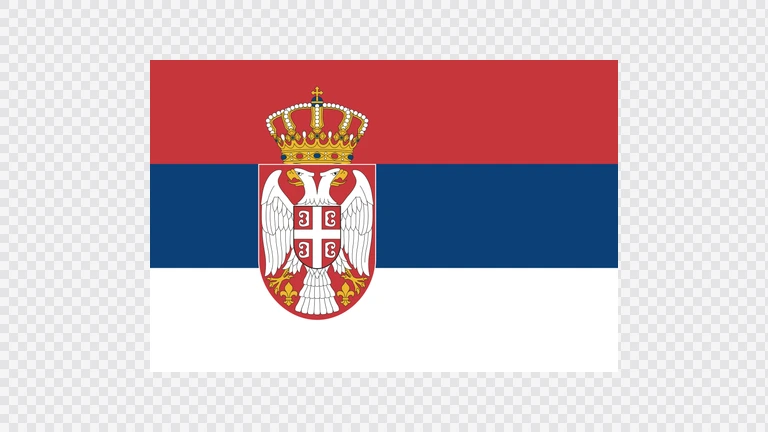 The flag of Serbia is composed of three equal horizontal bands of red, blue and white. The coat of arms of Serbia is superimposed at the center of the field slightly towards the hoist side.