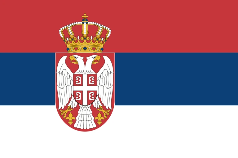 The flag of Serbia is composed of three equal horizontal bands of red, blue and white. The coat of arms of Serbia is superimposed at the center of the field slightly towards the hoist side.