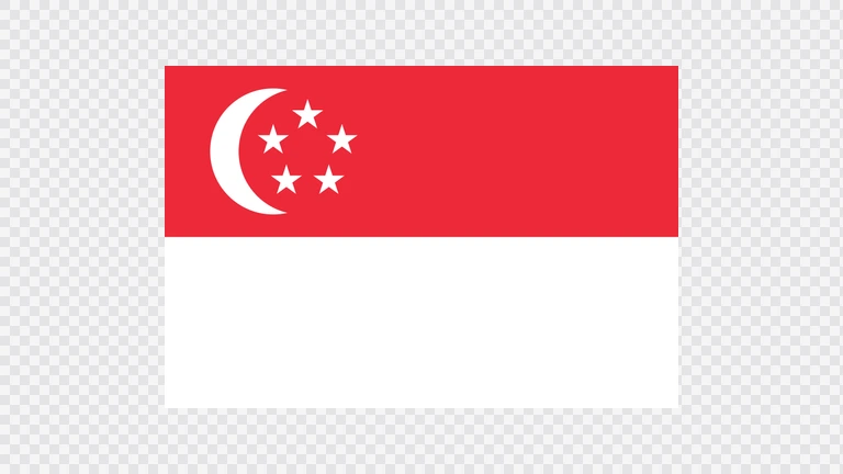 The flag of Singapore is composed of two equal horizontal bands of red and white. On the hoist side of the red band is a fly-side facing white crescent which partially encloses five small five-pointed white stars arranged in the shape of a pentagon.
