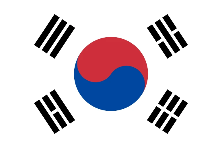 The flag of South Korea has a white field, at the center of which is a red and blue Taegeuk circle surrounded by four black trigrams, one in each corner.