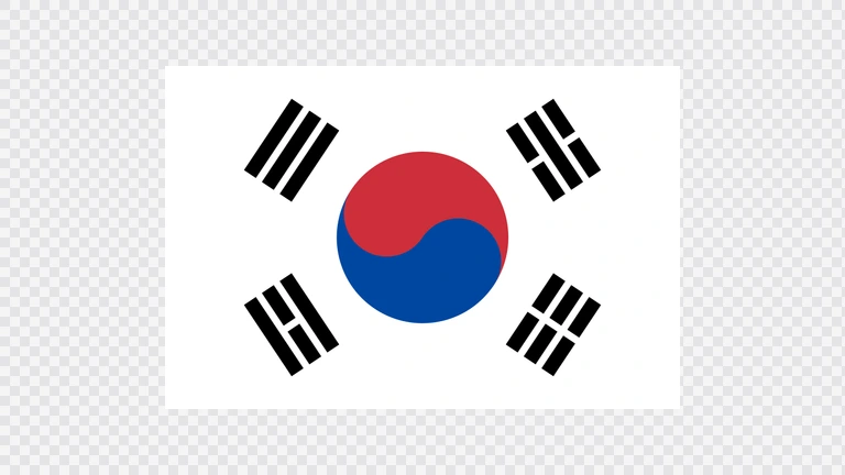 The flag of South Korea has a white field, at the center of which is a red and blue Taegeuk circle surrounded by four black trigrams, one in each corner.