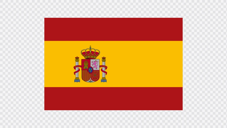 The flag of Spain is composed of three horizontal bands of red, yellow and red, with the yellow band twice the height of the red bands. In the yellow band is the national coat of arms offset slightly towards the hoist side of center.